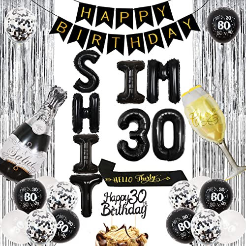 Shit im 30th Balloons Banner for Him and Her Funny Black and Silver 30th Birthday Decorations Happy 30 Birthday Cake Topper with Black Gold Birthday Banner Hello Thirty Sash for Men Women’ Birthday
