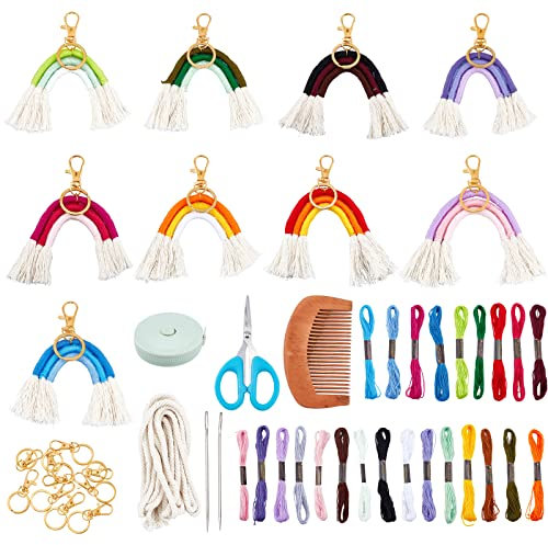 WEBEEDY 8 Stück Weben Regenbogen Schlüsselanhänger Makramee Regenbogen Schlüsselbund Bunten Regenbogen Quaste Schlüsselring Anhänger Boho Regenbogen Schlüsselhalter für Frauen Mädchen
