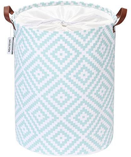 Sea Team Bohemia Pattern Laundry Hamper Canvas Fabric Laundry Basket Collapsible Storage Bin with PU Leather Handles and Drawstring Closure, 19.7 by 15.7 inches, Waterproof Inner, Mint