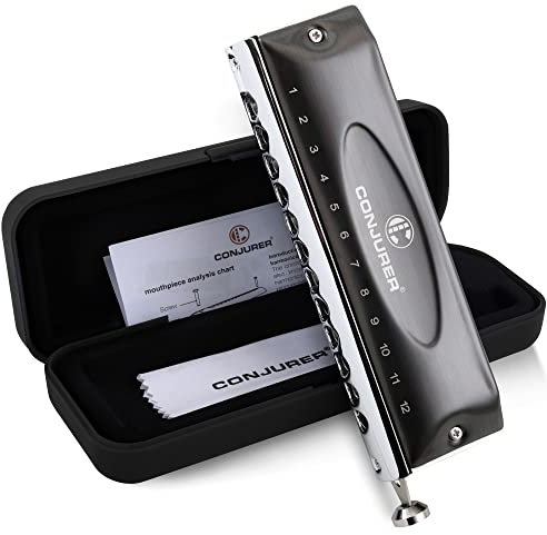 Conjurer Chromatische Mundharmonika C-Dur 12-Loch Harp Profiinstrument Harmonika für Anfänger Fortgeschrittene, Hervorragender Klang mit hochwertigen Messing Stimmzungen, 1248J C Dur, Schwarz