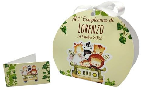 PV Grafik® 24+24 Scatoline Portaconfetti Primo Compleanno – Bomboniere Bimbo Safari con Animali della Giungla e Bigliettini Personalizzati – Scatole Festa Jungle con Nastro Bianco(Tunna10)