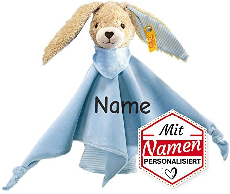 Steiff Hoppel Hase Schmusetuch mit Namen Kuscheltuch, 100% Bio Baumwolle, 28 cm (Blau)