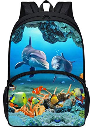 chaqlin Tier Hai Schultaschen Jungen Mädchen Rucksack Unter Welt Delphin Print Kinder Schulrucksack Buchtaschen Große Sporttaschen Rucksack Leichter Casual Daypack