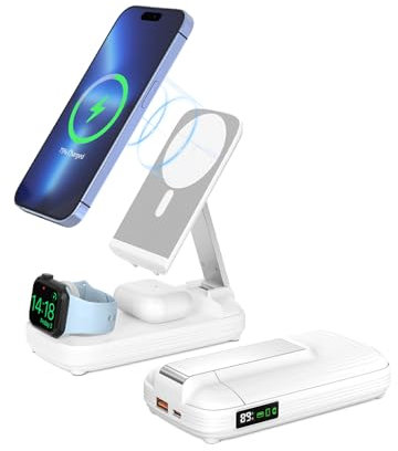 Caricatore wireless 5 in 1 con supporto regolabile, power bank di ricarica wireless da 20W con 10000 mAh, design pieghevole magneticamente, per iPhone 16/15/14/13/12 tutte le serie e cuffie e iWatch