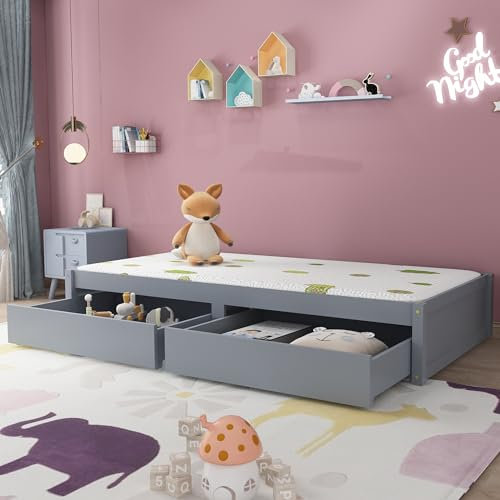SOFTWEARY Kinderbett mit 2 Schubladen und Lattenrost, 90x200 cm, Einzelbett aus Kiefernholz, Holzbett, Jugendbett (grau, 90 x 200 cm)