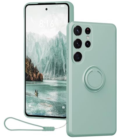 CAIOUS Silikon Hülle für Samsung Galaxy S24 Ultra(2024 6.8Zoll),Ring Case 360 Grad Halter Ständer handyhülle mit Band Kette innem Microfaser Magnetischen Autohalterungen Cover (Helles Cyan)