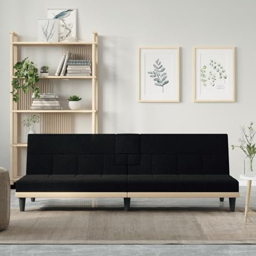 Camerina Schlafsofa mit Getränkehaltern Schwarz Stoff Sofa Mit Schlaffunktion Sofa 2 Sitzer Gartensofa