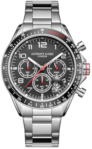 Anthony James Tachymeter Chrono-Armbanduhren für Herren – Rückseite aus Stahl, Analog, Armband aus Edelstahl, handmontiert, Wasser- und Kratzfeste Herrenuhr – (Schwarz)