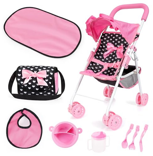 Bayer Design 21560AB Puppenbuggy mit Dach, Doppelrädern, Gurt, integriertem Korb, Tasche, Wickelunterlage, Puppenzubehör