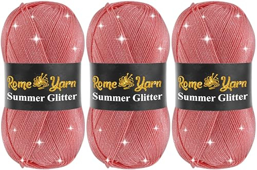 Rome Yarn Summer Glitter | 3 x 100g | Sommer Glitzer Garn | Seideneffekt | Anti-Pilling Metallic-Wolle | Acrylgarn Simli Wolle | Glitzerwolle (766 Hellrosa)