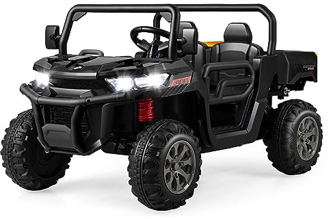 GOPLUS Kinder Elektroauto, 2-Sitzer Kinderauto mit Kippbett, Schaufel & Fernbedienung & Musik & Scheinwerfer & Hupe, 12V Kinderfahrzeug mit Slow-Start-Funktion & Sicherheitsgurt (Schwarz)