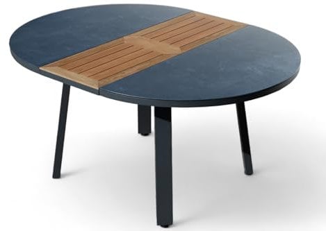 ALEOS. Aluminium Glas Teakholz Gartentisch rund Ausziehtisch 120/160 x 120 cm oval Tisch Esstisch Teaktisch Trinidad mit Ausziehfunktion