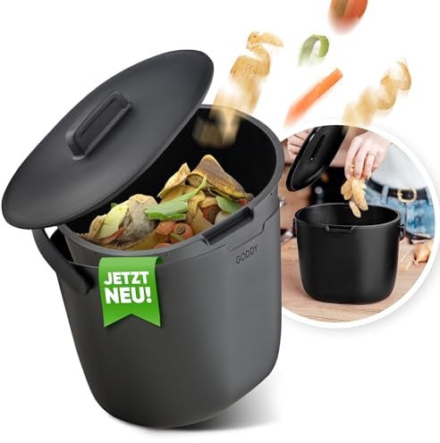 GODDY Biomülleimer Küche Bioabfallbehälter für küche Eimer mit Deckel [Geruchsdicht] 7L Komposteimer küche mit Sieb für Biomüll | Spülmaschinenfester Bio Abfalleimer für küche - Bio mülleimer schwarz