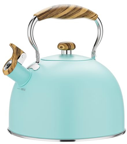 Chefbar Teekessel, 2,5 Liter, Pfeifkessel, Teekessel für Herdplatte, Edelstahl mit Holzmuster, Klappgriff, 2,5 l, Blau