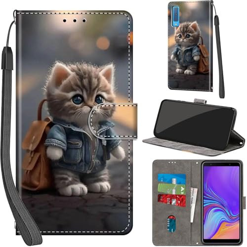 Handyhülle für Samsung Galaxy A7 2018 Hülle PU Leder Schutzhülle Klappbar mit Kartenfach Ständer Handytasche mit Kameraschutz Flip Case Klapphülle für Samsung A7 2018, Katze