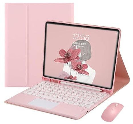 ZKAIAI Funda Magnética Desmontable para iPad Pro 12,9 Pulgadas (6ª/5ª/4ª/3ª generación) con Teclado Trackpad, QWERTY Español Ñ Teclado Bluetooth con Ranura para Lápiz y Ratón Inalámbrico, Rosa-A