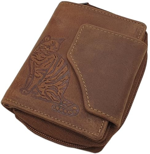myledershop Kleine Büffel-Vollleder Damen Geldbörse/Geldbeutel/Portemonnaie/Geldtasche in Hochformat mit Katzen-Motiv und RFID & NFC Schutz in Cognac