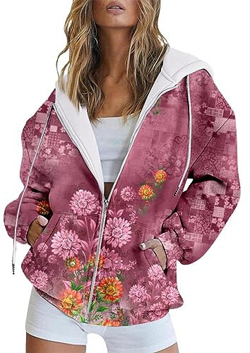 Sweat A Capuche Femme Rose Gilet Noir Zip Femme Mode Automne Et Hiver Chaud Coloré Rétro Fleur Imprimé Poche Décontractée À Manches Longues Cordon À Sweatshirt Femme Coton Vert VêTement Femme Bleu