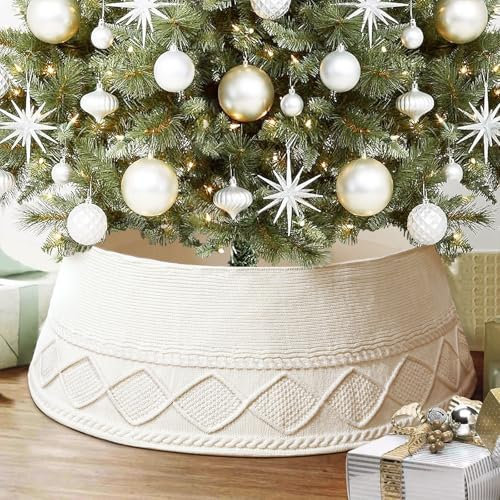 LASPERAL Knitted Christmas Tree Collar - Cream Chunky Cable Knit Ring for Artificial Trees, Farmhouse Rustic Stand Base Cover for Xmas Home Decor
