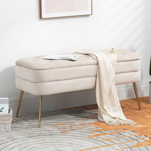 QQU Ottoman Storage Bench, Cream Footstool with Storage, Velvet Ottoman Box with Gold Metal Legs for Bedroom Living Room Entryway, Beige