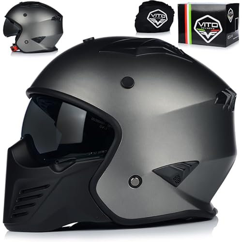 Jet Helm mit Sonnenblende | VITO BRUZANO | Rollerhelm Trial Helm | ECE 22.06 Zertifiziert | Motorradhelm mit abnehmbarem Kinnriemen (L (59cm))