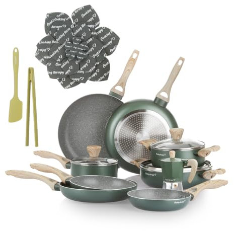 KASANOVA Batteria pentole Cooking Therapy, Set pentole induzione e padelle antiaderenti con paletta, Set cucina completo con scritta al laser e manici effetto legno (18)
