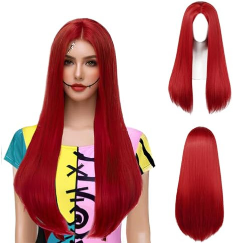 COSPLAZA 70cm/28 inches Rote Kostümperücke lang glatt mittig gescheitelt für Damen Sally Cosplay Halloween Kostüme Perücke