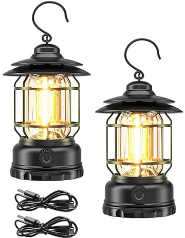 Clearhill Faroles de camping recargables, luz LED portátil con atenuación continua, diseño vintage impermeable, iluminación de 360°, carga rápida USB-C, decoración interior y exterior (Vintage, 2PACK)