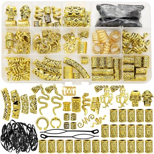 207 Pcs Viking Hair Clips Beads Nordic Runes Tube Beard Bead Braided Clips Hair Charms,Locs Rings Jewelry Hair Dreadlock Accessories Kit for Men Women Vintage Golden