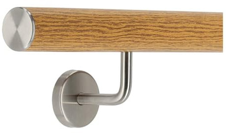 TIBU Pasamanos de aluminio roble decoración madera 30-600 cm pasamanos de pared escalera soporte de acero inoxidable en ángulo, longitud 70 cm con 2 soportes y tapa recta