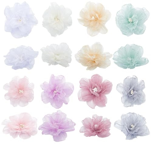 AHANDMAKER 16Pcs 3D Beaded Flower Appliques, 8 Colors Rhinestone Chiffon Flower Sewing Fabric Appliques Flowers Embellishments with Pearl for Gift Wrapping Headbands Hair Accessories Party Decor