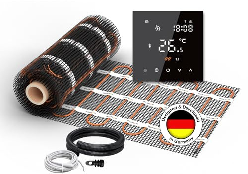 Elektrische Fußbodenheizung für Fliesen: Heizmatte WARMON ULTRA 200 W/m² inkl. Smart WiFi Thermostat TS-300-Serie, Thermostat:TS 300 WiFi Schwarz, Mattengröße:12 m²