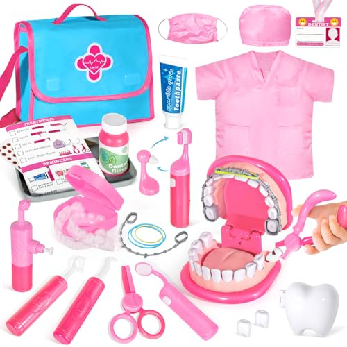 Pink Doctor Kit for Toddlers 3-5 with Costume - Dentist Kit for Kids with Teeth Model /Removable Teeth /Braces /Retainer - Toys for 4 Year Old Girls - Preschool Dramatic Play (Pink)