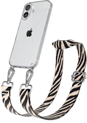 EAZY CASE Handykette - Verstellbares Taschenband kompatibel mit iPhone 16, Schulterriemen, Handykordel mit Silikon Hülle, Umhängetasche, Zebra - Schwarz Beige Silber