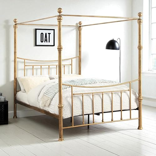 OAT Home Westminster 4 Poster Metal Bed Frame, Victorian Style, Antique Brass Effect, Double/King Size (Double)