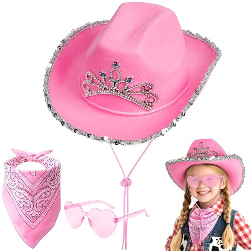 AUYAO CowboyHut Kinder 3PC Westernhut Jungen Cowboyhüte Mädchen | Rockstar Randlose Hippie Herzförmige Brille Halstuch Wilder Westen Party Brillen Geburtstagsfeier Fasching Karneval Cosplay
