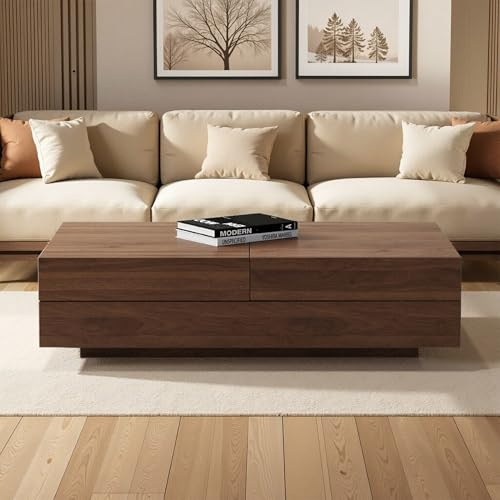 Mid-Century Modern Extendable Coffee Table with Storage - 120cm Contracted to 208cm Expanding Tea Table for Living Room Living Rooms, Bedrooms, or Lounge Spaces Walnut