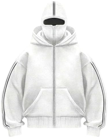 Generisch Balaclava Sweat à capuche zippé ninja pour homme avec cagoule Oversize Face Mask Veste double capuche Y2K Veste coupe-vent mi-saison pour moteur, vélo, carnaval, Blanc., XL