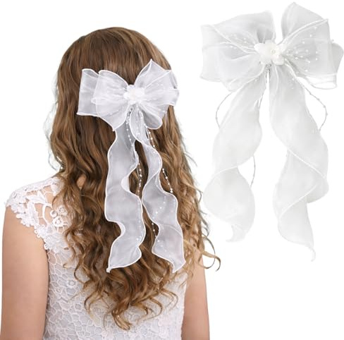 Haarschmuck Kommunion Mädchen, Erstkommunion Schleier Kopfschmuck, Weiße Perle, Kopfschmuck Kommunion, Kommunionkleid Mädchen mit Schleife für Brautjungfer Braut Haarschmuck Hochzeit Festliche Anlässe