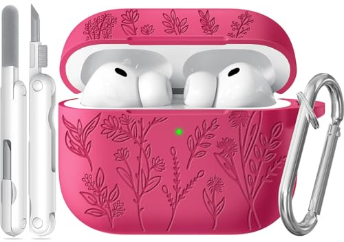 Joremx Silikon Niedliches Grasmuster Hülle (Rosarot-für AirPods Pro 3) | Case mit entzückendem lasergraviertem Pflanzenmuster, Damen & Mädchen Schutzhülle, inkl. Reinigungsset & Schlüsselanhänger