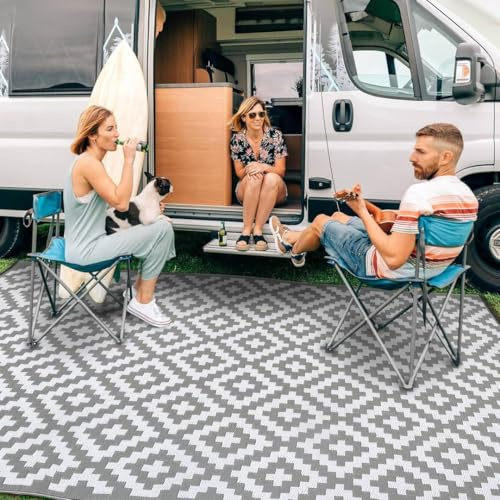LOVETRENDS Bliss Grey White Outdoor Camping Rug 270x360cm 9x12ft Reversible Waterproof Picnic Mat Garden Patio Beach Festival Tent Ground Mat Extra Large Lightweight Portable Outdoor Floor Rug