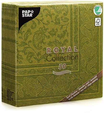 Papstar, 50 Servietten ROYAL Collection 1/4-Falz 40 cm x 40 cm olivgrün Ornaments, #81746