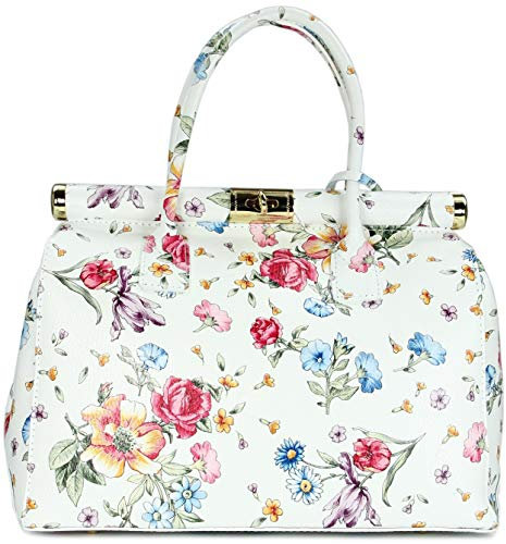 Belli The Bag XL italienische Leder Henkeltasche Handtasche Damen Ledertasche Umhängetasche - 34x25x16 cm (B x H x T) (Weiß Blume)