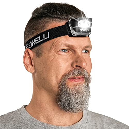 Foxelli LED Stirnlampe – für Erwachsene & Kinder, Laufen, Camping, Wandern, Stirnlampe mit Weiß- und Rotlicht, leichte wasserdichte Kopflampe mit bequemem Stirnband, 3 AAA-Batterien enthalten