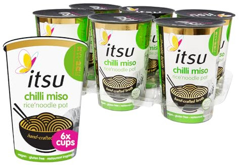 itsu Chilli Miso Flavour Rice Noodles | Instant Noodle Cups | Authentic Japanese Flavour | Vegan & Gluten-Free | Low-Calorie | Quick-to-Make Snack | Pack of 6