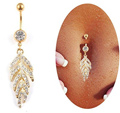 ANAZOZ Piercing Nombril Acier Chirurgical Médical Anti-Allergies Bijou Piercing Nombril Pendant Plume AAA Zirconium Joli Fantaisie Femme 1.7x7.3cm-Or