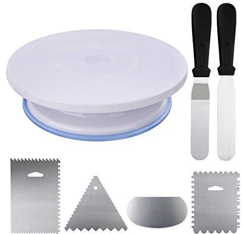HONGXIN-SHOP Plato de Pastel Giratorio Redondo Antideslizante 28cm Torta Giratoria DIY Decoración de Pasteles con 2 Espátula de Glaseado 4 Paletas para Alisar para Decorar Tartas Horneadas