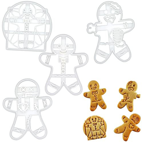 BAKERLOGY Set of 4 Gingerbread Man Cookie Cutters (Designs: Voodoo, Happy, Vitruvian and Zombie) - Detailed Biscuit Cutter Design for Baking and Crafts, Ideal on Fondant, Dough, Clay