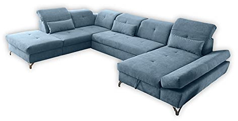 Stella Trading MELFI Wohnlandschaft in U-Form, Stoffbezug Denim - Ausziehbares Sofa mit Schlaffunktion & Bettkasten - 350 x 73 (96) x 245 cm (B/H/T)