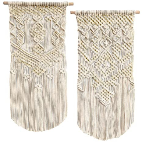 LIVALAYA Boho Macrame Wall Hanging Woven Decor, 24”L x 13”W, Set of 2, Beige wall decor Modern Bohemian Farmhouse woven wall hangings for House Apartment Dorm Room, Nursery, Geometric Aztec Décor